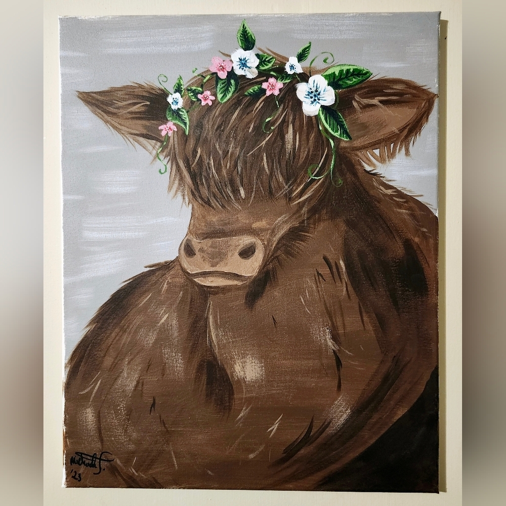 Hand-Painted Highland Cow With Flower Crown